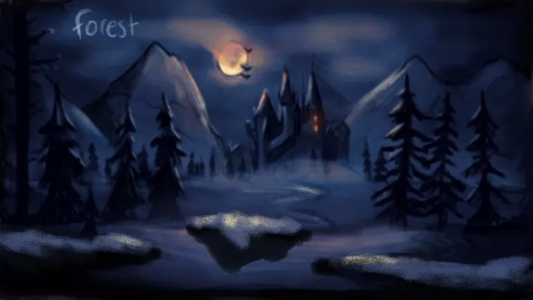 The Forest — moonlit canopy with grind-ready fallen logs and bioluminescent mushroom enemies