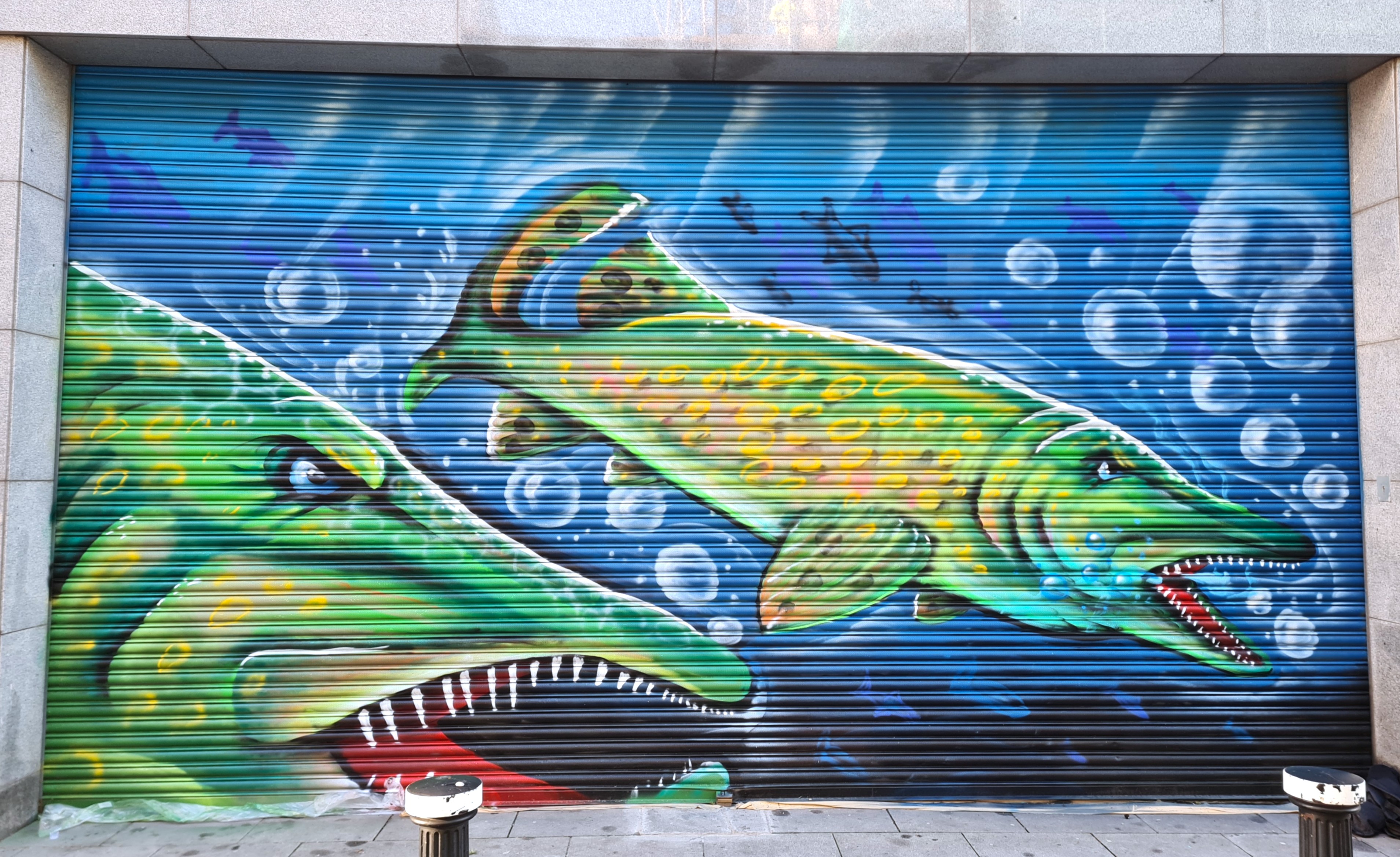 Detailed commercial fishing mural with vibrant colours painted on a Dublin business exterior by ZAP Art