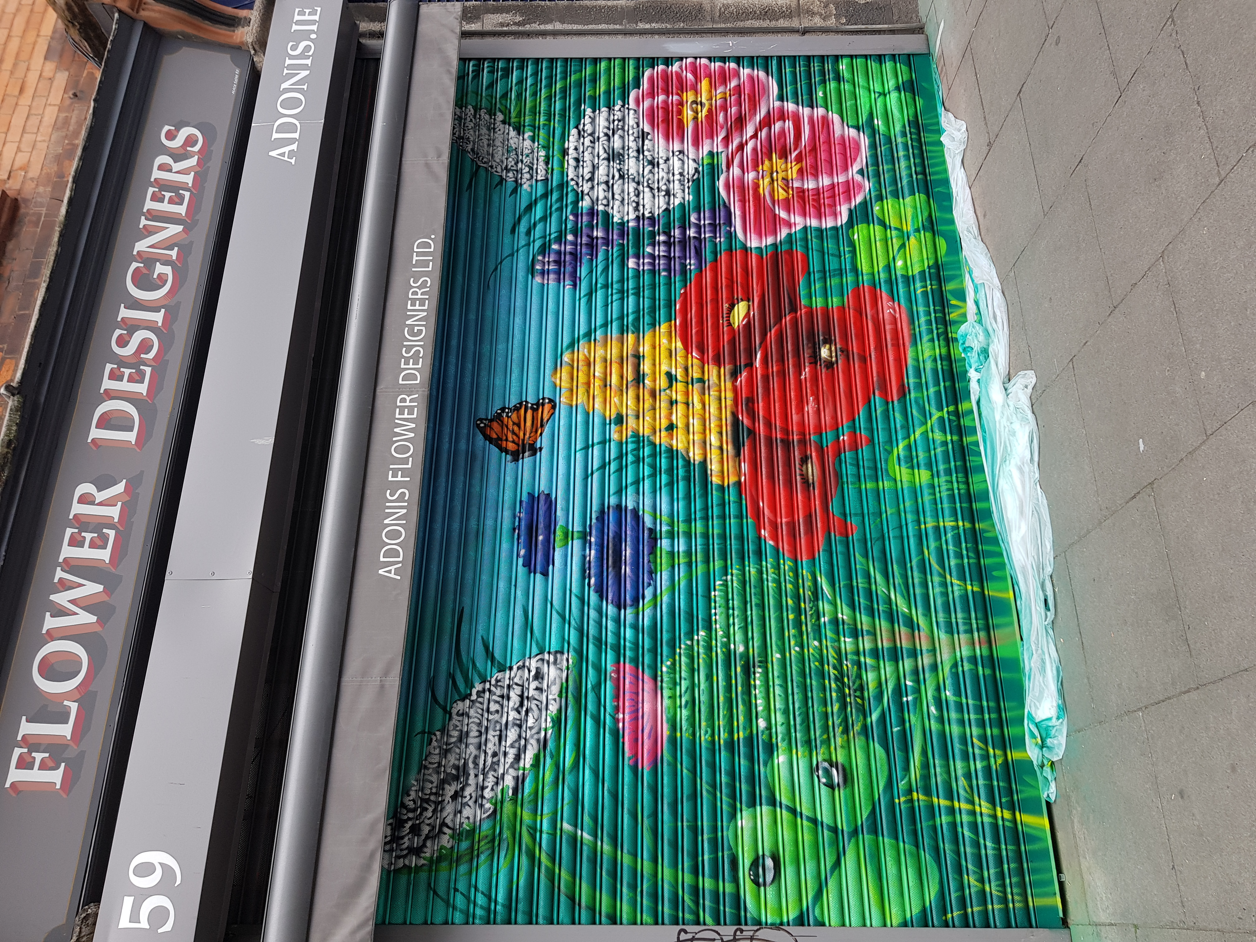Stunning botanical mural with roses and wildflowers painted on a Dublin flower shop by ZAP Art