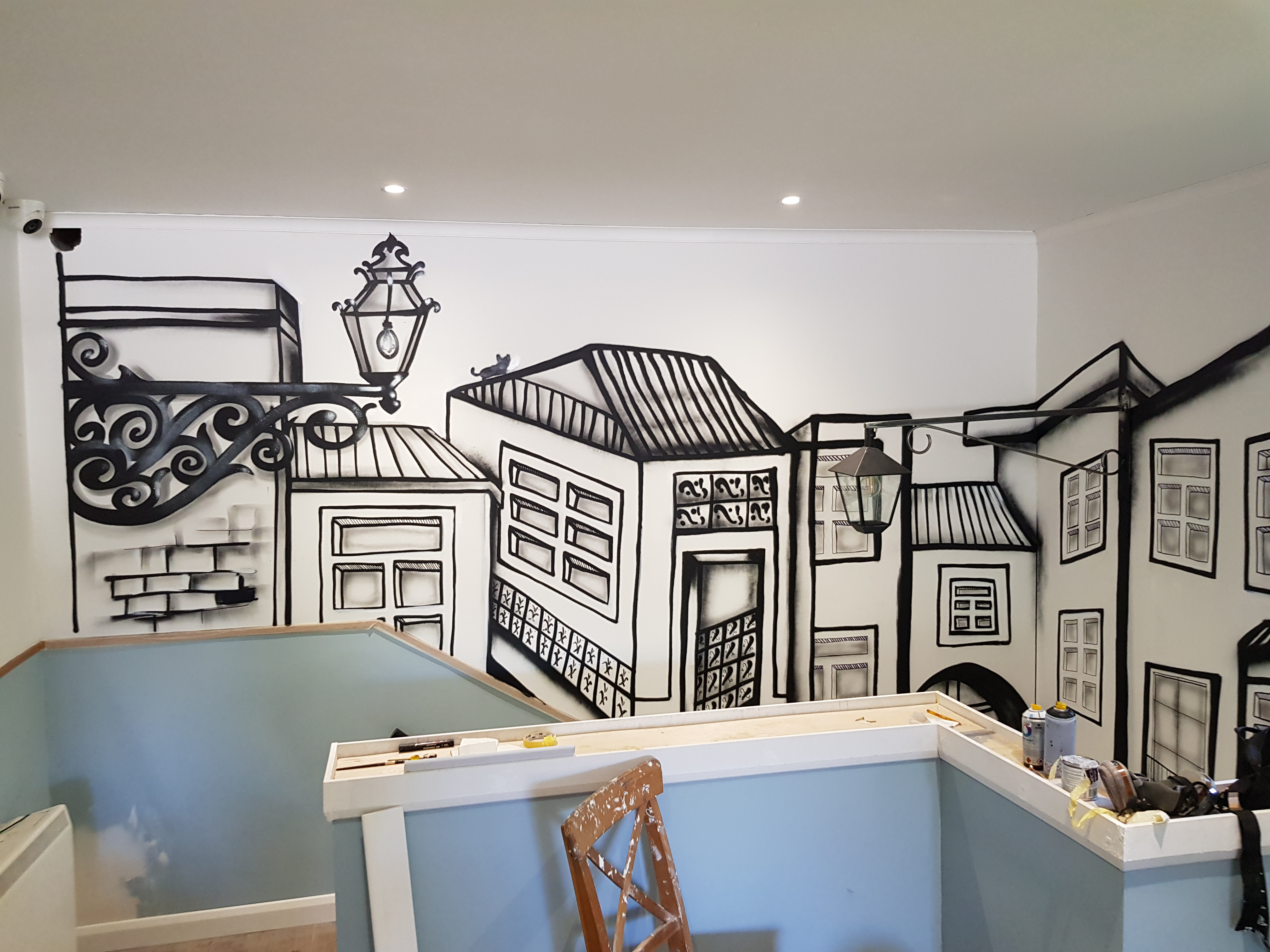 Detailed Portuguese cultural scene mural bringing Mediterranean atmosphere to a Dublin restaurant by ZAP Art
